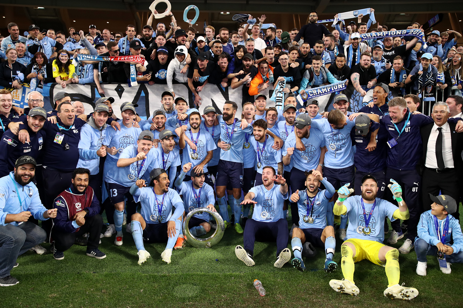 Sydney FC Players Staff & Fans Celebrate Win In Perth